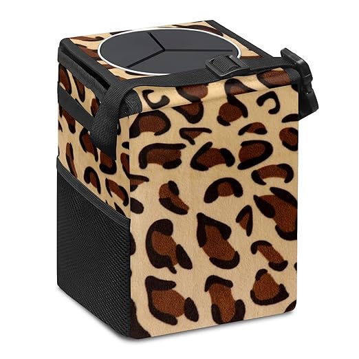 Car Trash Can Leopard Print Wate-rproof Auto Garbage Bag Car Trash Can with Lid Leak-Proof Car Storage Bag Hanging for Headrest Collapsible and Portable with Storage Mesh Pocket