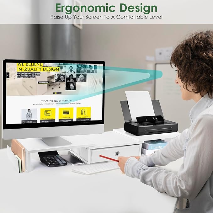RUILALIFE Dual Monitor Stand Riser w/ Drawer & Metal Leg, Large White Computer Monitor Riser w/ Storage For 2 Screens, Desk Shelf w/ Adjustable Length & Angle, Desktop Organizer