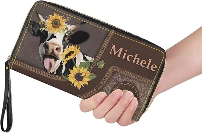 Bulopur Personalized Wallet Wristlet for Women PU Leather Sunflower Cow Print Clutch Purses for Ladies Waterproof Phone Holder Zip Around