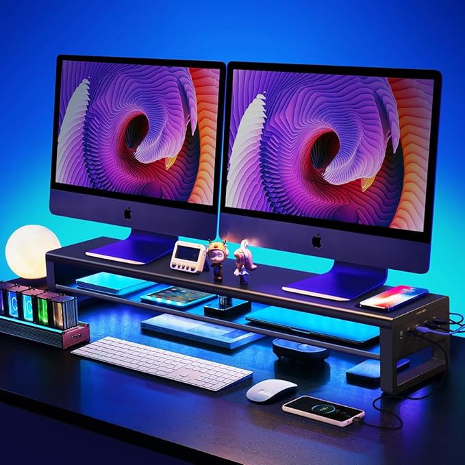 Vaydeer 2 Tiers Dual Monitor Stand Aluminum Monitor Riser with Wireless Charging and 4 USB 3.0 Hub Ports Metal Strong&Sturdy for PC Monitor Laptop Computer TV Printer Space Saving Desk Organizer