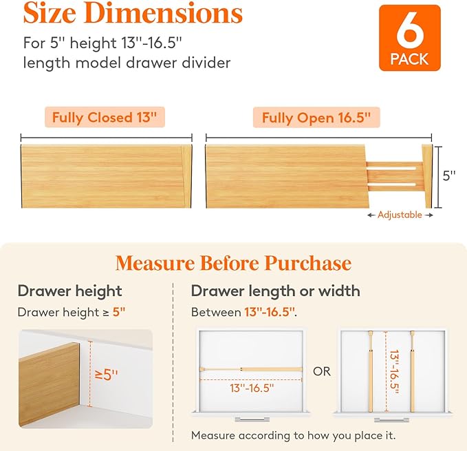 Lifewit 5" High 6 Pack Bamboo Drawer Dividers 33-42cm/13-16.5" Adjustable Wooden Drawer Organizer for Clothes/Utensils, Expandable Drawer Separator for Dresser/Kitchen/Bedroom/Office Organization