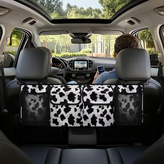 Cow Pattern Car Trunk Organizer and Storage Backseat Hanging Cargo Bag Seat Back Car Organizer Storage Bag with 4 Pockets 3 Adjustable Straps