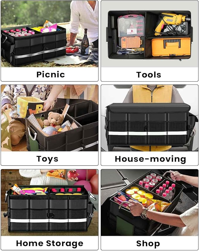 WINHUNT Trunk Organizer With Waterproof Bag, Collapsible Multi Compartment Storage for Car, SUV, Sedan, Truck - Non Slip Bottom, Aluminium Handle (Black, Large 66L)