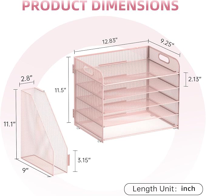 SUPEASY 5-Tier Desk Organizer with File Holder, Desk Organizers and Accessories, Paper Organizer for Desk, Mesh Desktop File Organizer, Workspace Organizers for Office School Home, Pink