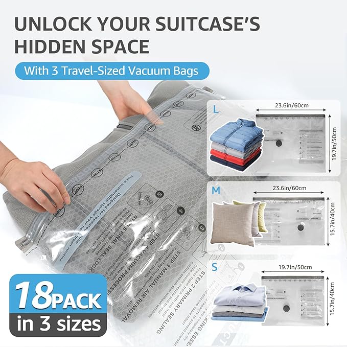 18 Packs Vacuum Bags for Travel with Rechargeable Pump, 3 Sizes Vacuum Seal Bags for Clothing, Compression Vacuum Travel Bags for Luggage, Vacuum Packing Bags for Closet Organization