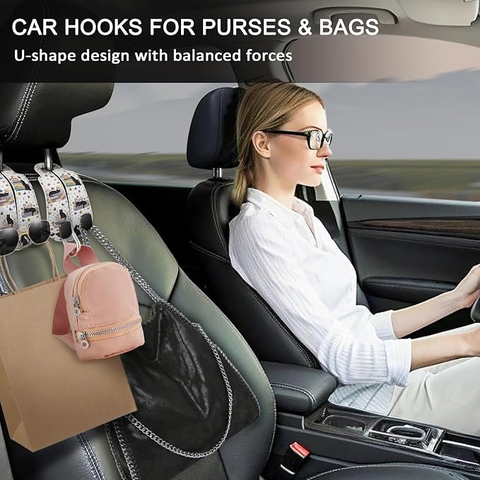 Blusabaca 2PCS Car Hooks for Purses Bags, Book Lover Bookish Black Cat Seat Back Storage Headrest Holder Hanger PU Leather Double Metal Backseat Organizer, Women Car Accessories Organization