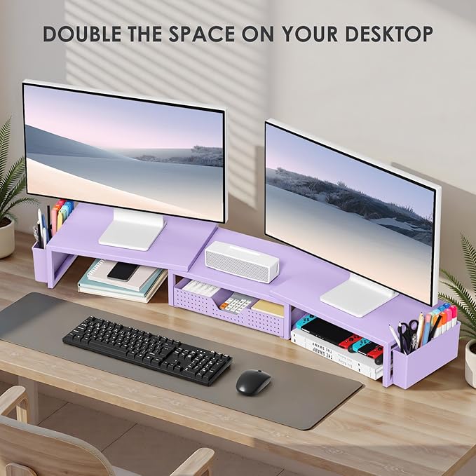 OPNICE Desk Organizers and Accessories, Dual Computer Monitor Stand Riser with Drawer and 2 Pen Holders, Office Desk Accessories, Workspace Desktop Organization for Office Supplies (Purple Metal )