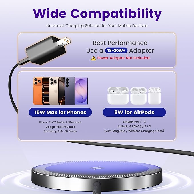 15W Wireless Charger for Apple MagSafe Charger, Magnetic Fast Charging Pad | Compatible for iPhone 17 16 15 14 13 12 Pro Max, AirPods-Slim Portable for Desk Bedside and Travel - 2 Pack, Black