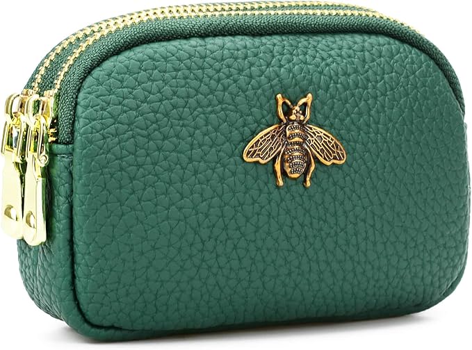 WOZEAH Leather Coin Purse for Women Small 2 Zipper Change Wallet with Key Ring Card Key Coin Cash Holder Pouch(Green)