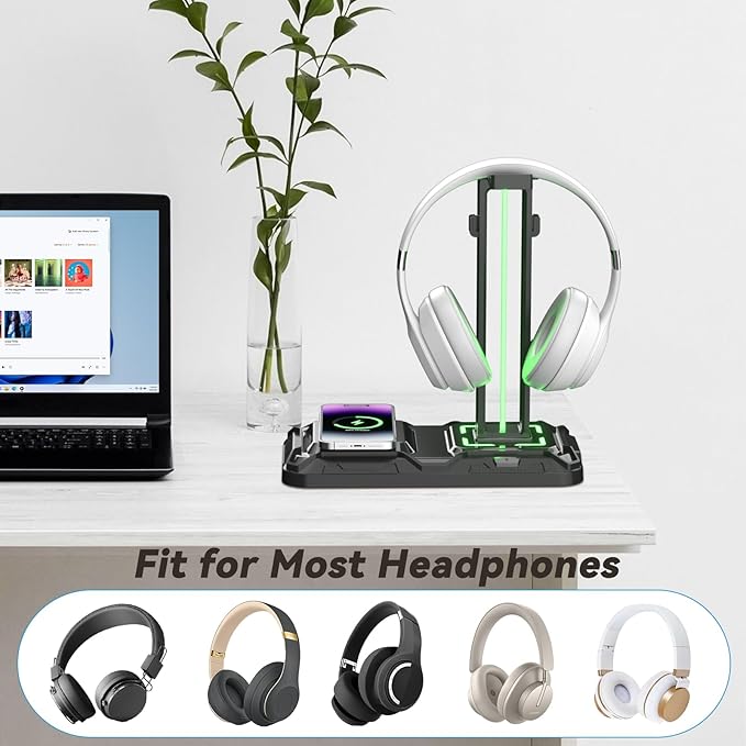 KDD Headphone & Controller Stand with Wireless Charging - Rotatable Headset Stand with 9 Light Modes - Controller Holder with 2 USB and Type C Ports - for Gamers Desktop Accessories
