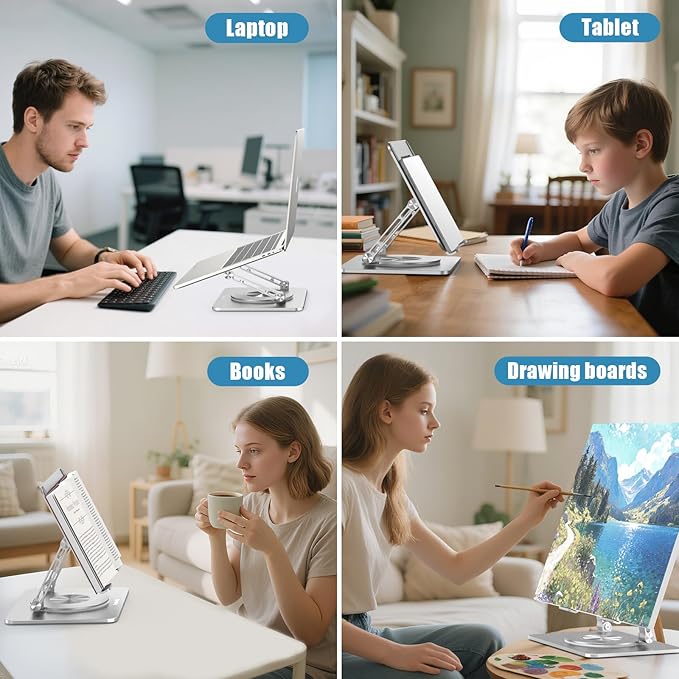 Laptop Stand for Desk, Adjustable Height & Angle Portable Aluminum Laptop Riser & Monitor Stand with 360° Swivel, Foldable Ergonomic Computer Stand for 10-17 Inch Laptops (MacBook/Dell/HP), Silver.