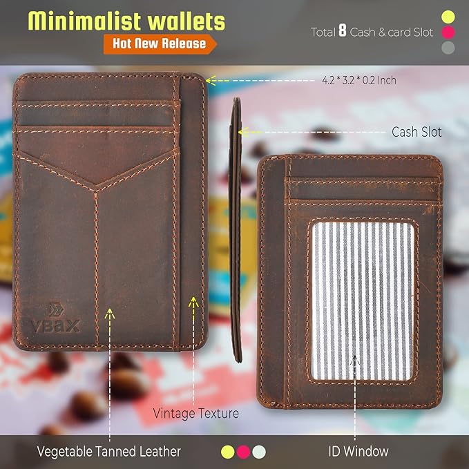 RFID Slim Wallet for Men Women, 8 Card Slot Leather Minimalist Front Pocket Credit Card Holders, Vintage Leather