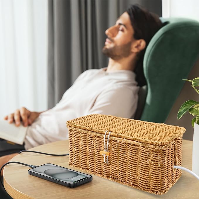 Cable Management Box with Lid, Handwoven Imitation Rattan Power Strip Hider Organizer for Computer Router USB Hub & Power Strip, Desktop Cord Organizer Box for Home Office DIY-Friendly Cord Management