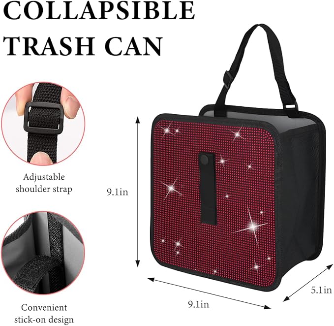 Car Foldable Trash Can, Bling Rhinestone Oxford Garbage Container Hanging Waterproof Organizer, Mini Crystal Dustbin Waste Basket Leakproof Trash Bin for Car Office Kitchen (Red)