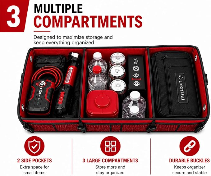 Car Trunk Organizer – Foldable Storage with 3 Compartments, Heavy Duty, Collapsible Cargo Organizer for SUV, Truck & Car (Red)