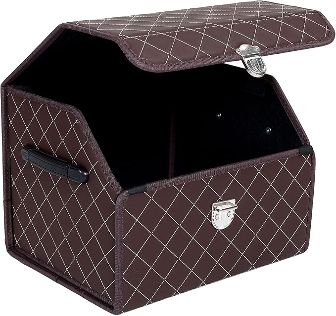 Trunk Organizer with Lid for Car Foldable Storage Box Heavy Duty PU Leather Cargo Organizer for SUV Sedan Waterproof (Brown, Small)