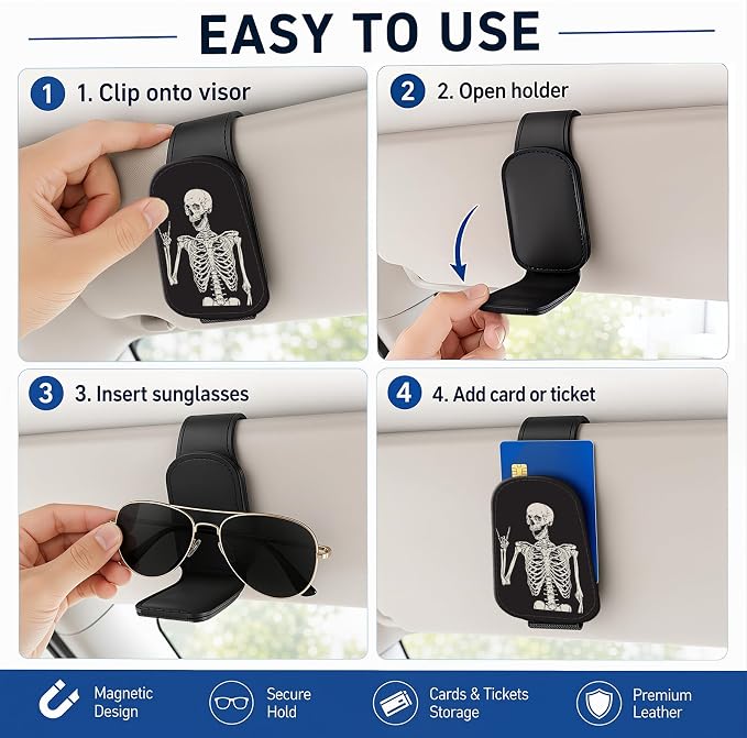 Leather Magnetic Sunglass Holder for Car Sun Visor, Cute Eyeglass Ticket Card Hanger Clip, Universal Auto Interior Accessories for SUV Pickup Truck, Skeleton