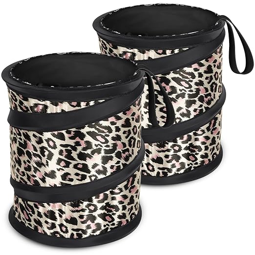 Car Trash Can, 2 Packs Mini Collapsible Car Trash Bin for Front Back Seat, Pop up Car Garbage Can, Portable Car Trash Bag Hanging for Vehicle SUV Rv Truck Accessories Interior, Leopard Print