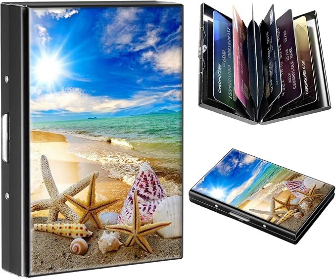 FUYOCWE RFID Credit Card Holder,Small Metal Credit Card Case Wallet,Slim Mini Business Card Holder Organizer Hard ID Case Security wallet for Men Women -Beautiful Beach Seashells