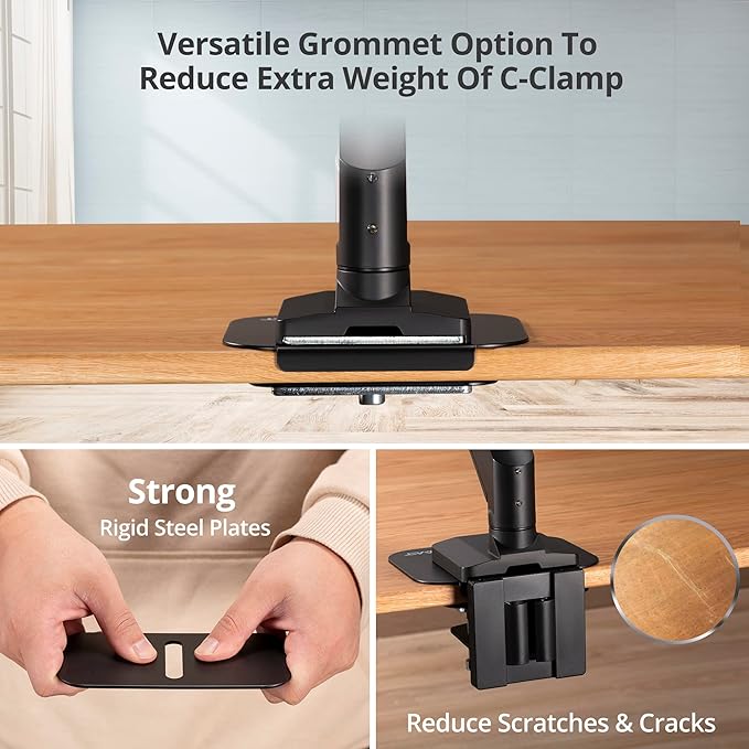 AVLT Adjustable Reinforcement Plate Bracket Mount for Fragile Tabletop - Supports Monitor Stand with C Clamp Or Grommet Installation - Black
