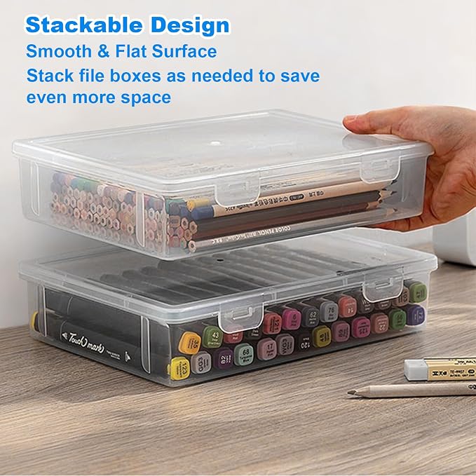 3 Pack Plastic Storage Boxes with Hinged Lids for 8.5" x 11" Letter, 2" Height A4 File Storage Case, Clear Scrapbook Paper Storage Boxes Documents Magazines Holder