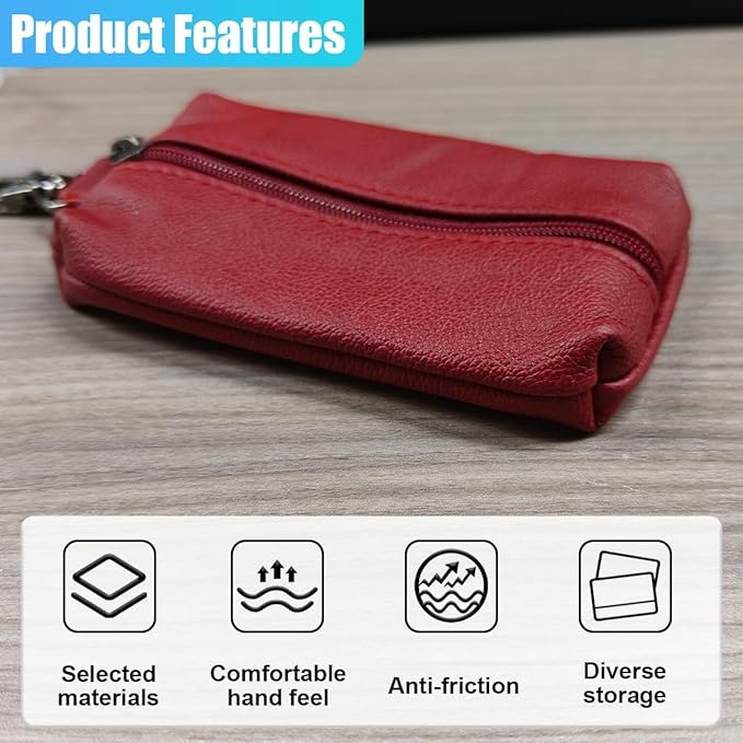 Leather Car Key Case Holder, Auto Smart Key Fob Protector Pouch with Zipper, Universal Unisex Keychain Wallet (Red)