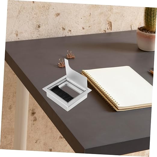 Aluminum Alloy Cable Management Box Stylish Square Desk Grommet Dustproof Brush Lining Wire Organizer for Home Office Cord Cover Silver