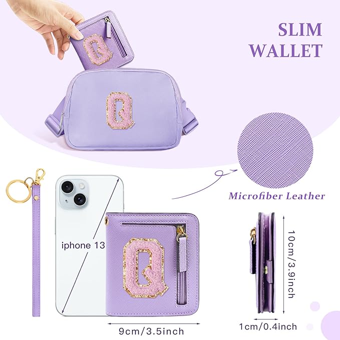COSHAYSOO Preppy Wallet Gifts for Teen Girls Women Small Wallet RFID Bifold PU Leather Christmas Valentines Easter Mothers Fathers Day Nurse Appreciation Graduation Gifts Chenille Letter Q Purple