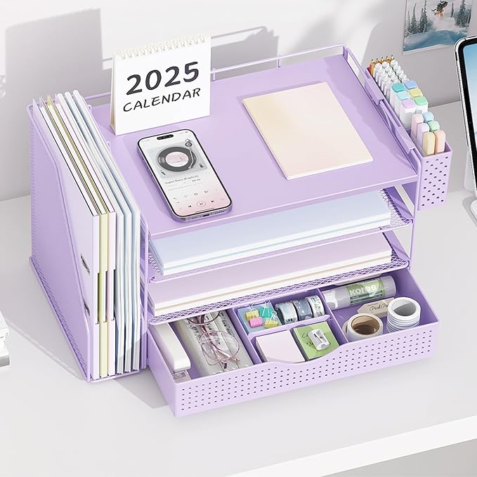 gianotter Wood Desk Organizers and Accessories with File Holder, 4-Tier Desk Accessories & Workspace Organizers with Drawer and Pen Holder, Paper Organizer for Office Supplies (Purple)