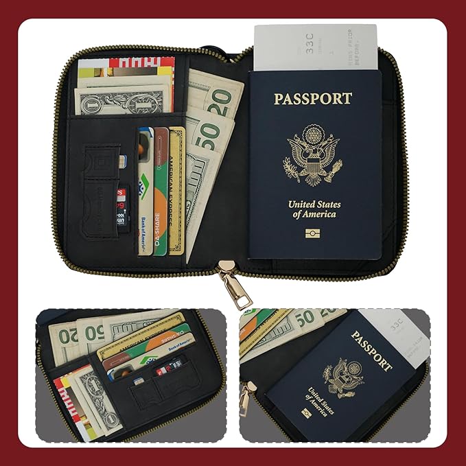 Passport Holder with Tether and Carabiner to Prevent Loss and Theft, Rfid Passport Holder for Travel, Passport Cover, Wallet & Case for Men and Women (Black -Tether and Carabiner)