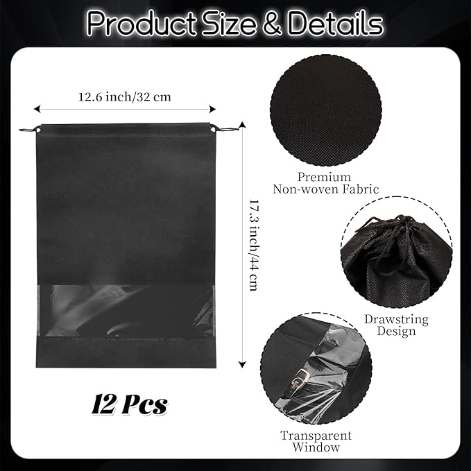 12 Pcs Portable Travel Shoe Bags, 17.3 x 12.6 Inches Waterproof Non-Woven Shoe Organizers Storage Bags, Large Drawstring Shoes Pouch Packing Organizers with Rope for Men, Women, Children (Black)