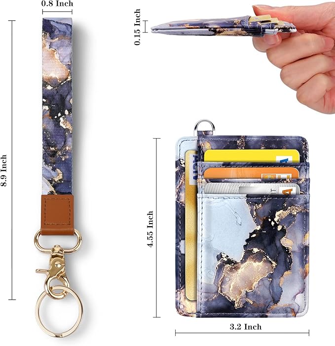 Coco Rossi Slim Front Pocket Wallet RFID ID Card Holder Cute Small Wallet with Wrist Lanyards Key Chain Holder for Women,Grey Marble