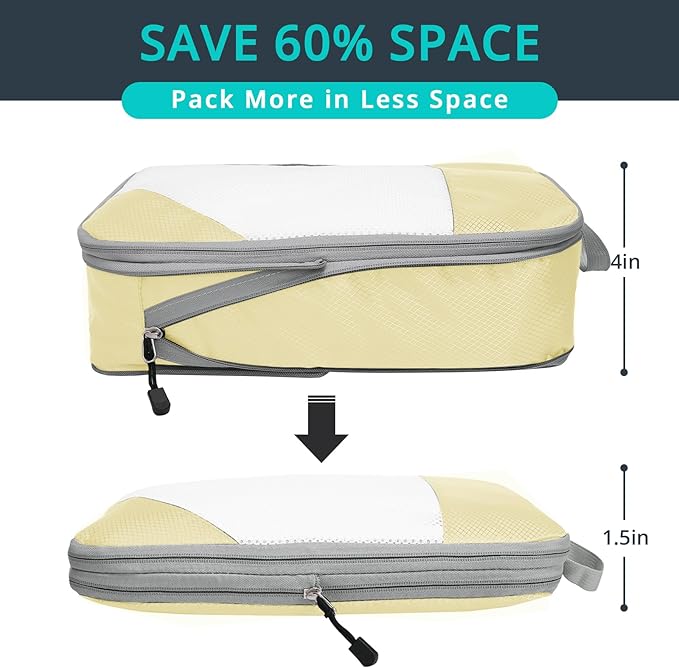 Compression Packing Cubes 6 Set, Compressible Space-Saving Packing Cubes for Travel - Compression Bags, Luggage Organizer, Travel Essentials for Women, Light Yellow