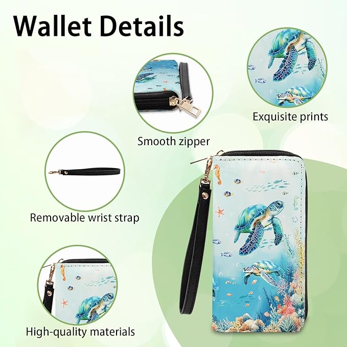 Sea Turtle Wallets for Women - Slim PU Leather Womens Wallet with Cash Zipper Coin Purse, Small Credit Card Holder Travel Wallet, Wristlet Wallets for Ladies Teen Girls Purse (Ocean Lovers Gift)