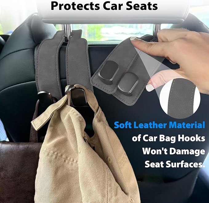 Travel Depot Headrest Hooks for Car, Purse Hook for Car, Premium Leather Twin Hook Car Seat Hooks, Double Hook Seat Back Storage Organizer for Purses, Bags, SUV, Truck, Vehicle, 2 Pack, Grey