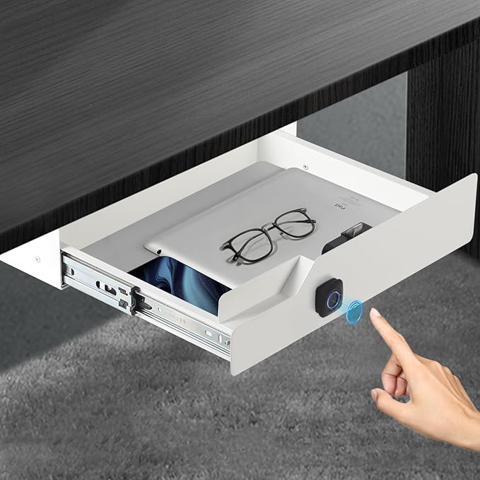 Metal Under Desk Drawer with Biometric Fingerprint Lock, Undermount Table Drawer, Slides out Tray Organizer for Paper, Pencil, and Laptop 16"x11.8"x3.6", White