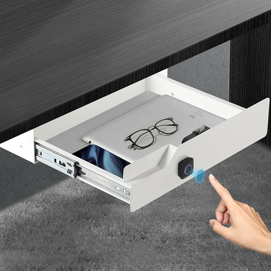 Metal Under Desk Drawer with Biometric Fingerprint Lock, Undermount Table Drawer, Slides out Tray Organizer for Paper, Pencil, and Laptop 16"x11.8"x3.6", White