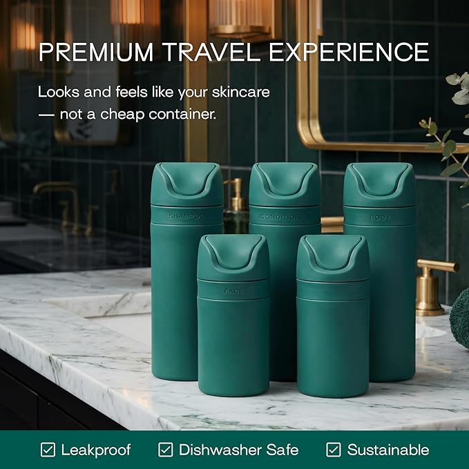 Refillable Toiletry Travel Bottles – Set of 5 (3.4oz & 1.7oz) Airless Pump Containers for Shampoo, Conditioner, Body, Face – Leak-Proof, TSA-Approved, Dishwasher Safe- Escapade Green with Gift Box