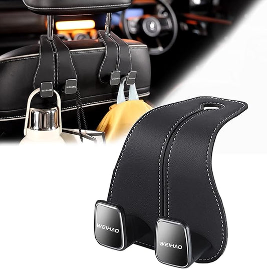 WEIHAO Wide Purse Hook for Car, Twin Hook Leather Car Headrest Hangers, Car Seat Back Storage Hook, Headrest Hooks Purse Bag Holder for Car Universal Fit Sedan Trucks SUVs Most Vehicles (Black-1PC)