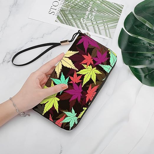 Clutch Wallet Holder for Women Men Colorful Abstract Leaves Cannabis Leaf Portable Accordion Zipper Credit Card Storage Bag Waterproof Purse Leather Wallet for Travel Work Shopping