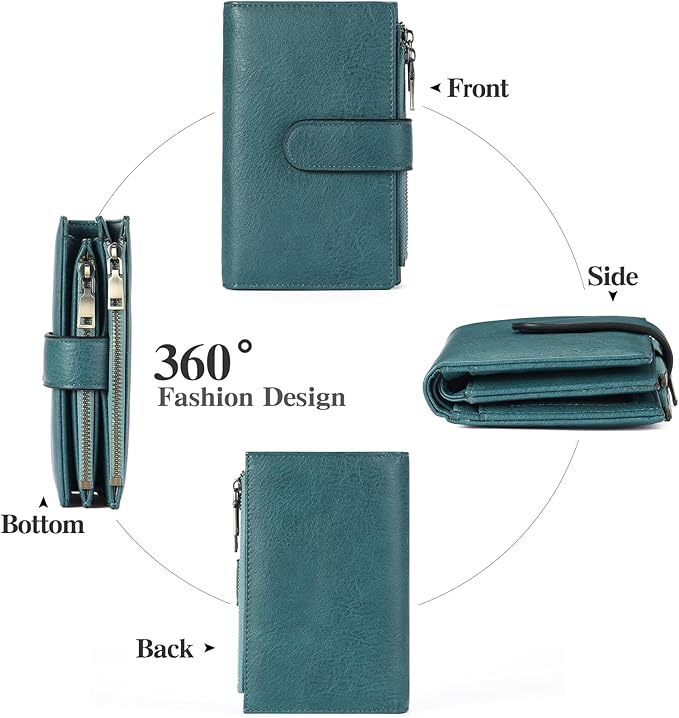 GOIACII Womens Wallets RFID Blocking Leather Trifold Clutch Wallet Credit Card Holder Ladies Purse 3 ID Windows Teal