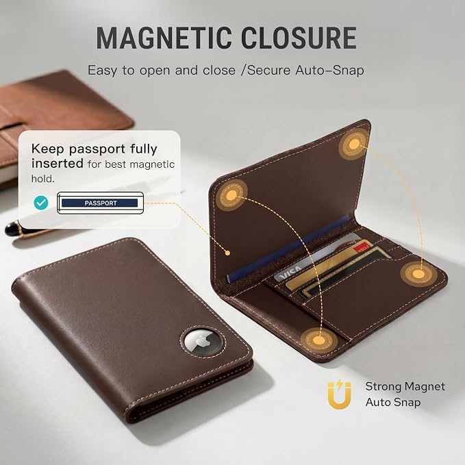ALLIVE Passport Holder for Travel, Genuine Leather Passport Holder with AirTag Slot, Magnetic Closure, RFID Blocking Passport Cover Travel Wallet for Women Men, Travel Essentials Gifts (Coffee Brown)