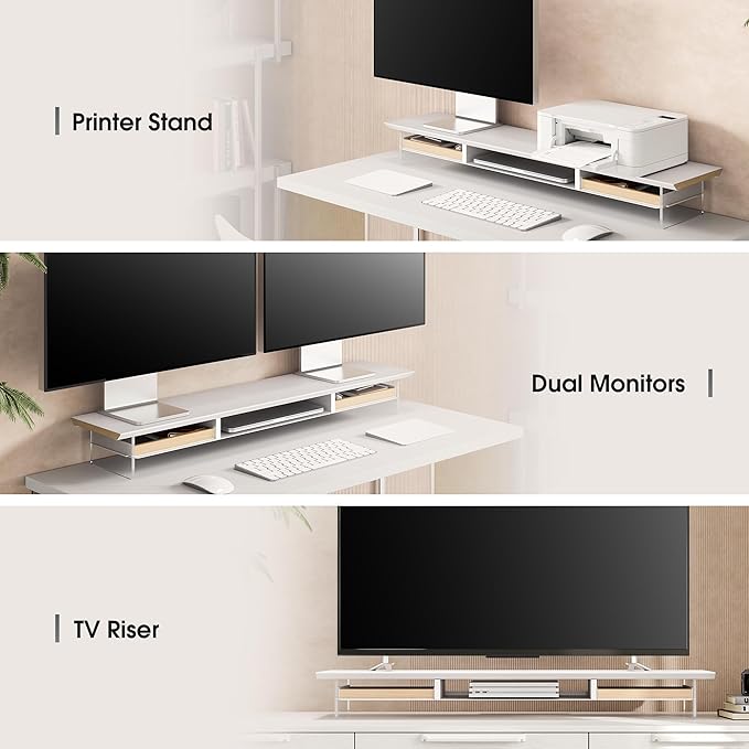 Fenge 42.5??Dual Monitor Stand with 2 Drawers, Metal Wood Monitor Riser with Acrylic Legs, 2-Tier Desktop Shelf Storage Organizer for Computer, Laptop, Printer, TV, White