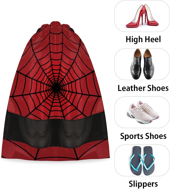 Red Web Travel Shoe Bag Waterproof Portable Shoe Bags for Storage with Drawstring Breathable Mesh Washing Organizer for Laundry Sneakers Boots Dance Shoes