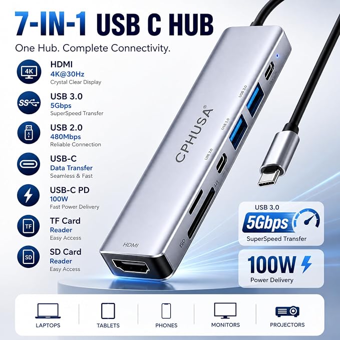 USB C Hub 7-in-1 for MacBook Pro/Air, Multiport Adapter with 4K HDMI, 100W PD Charging, USB 3.0, SD/TF Card Reader, USB-C Docking Station for MacBook, Dell, HP