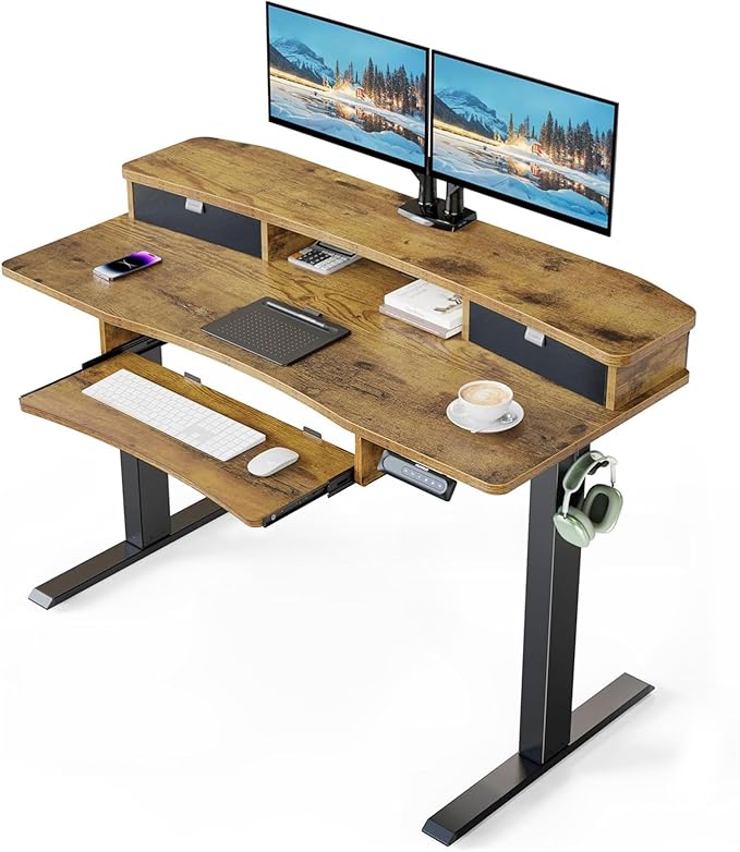 HUANUO 48" x 26" Electric Standing Desk with 2 Drawers & 26.7" Large Keyboard Tray, C-Clamp Mount Compatible, Adjustable Computer Desk for Home Office, Stand Up Desk with 4 Height Presets, Vintage