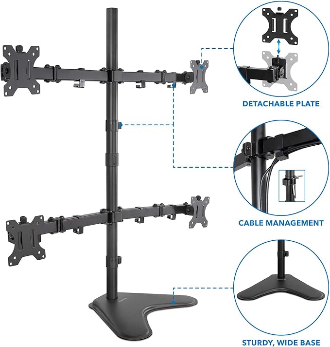 Mount-It! Quad Monitor Stand for 4 Screens up to 32", Free Standing Multi Monitor Desk Mount, Height Adjustable 34.8", 17.6 lbs Each, VESA 75x75 100x100, Steel 4 Monitor Stand, MI-2784