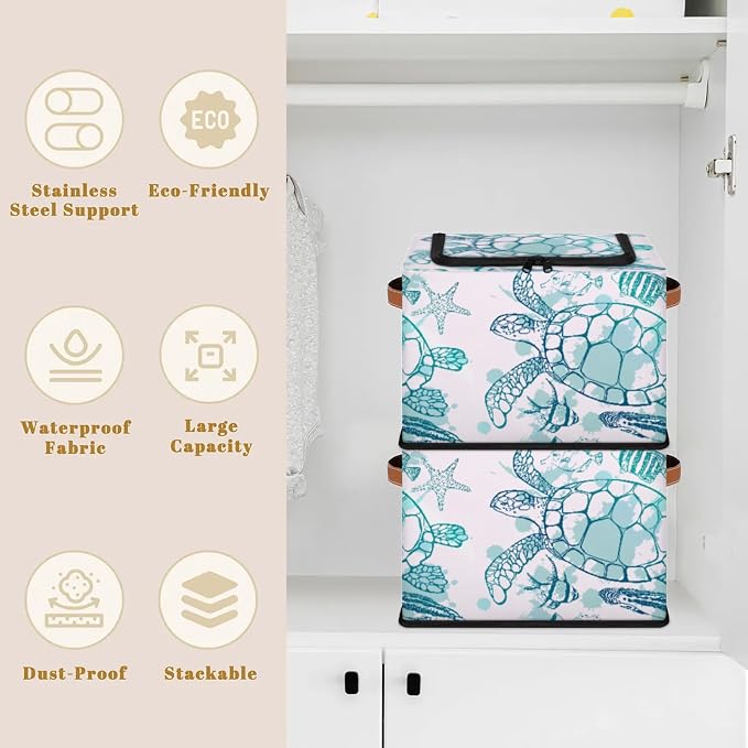 Sea Turtle Ocean Storage Bins With Zipper Lid, Collapsible Trunk Organizer, Car Organizers and Storage Bins with Lids, Decorative Storage Boxes with Handle, Home Storage Baskets for Organizing