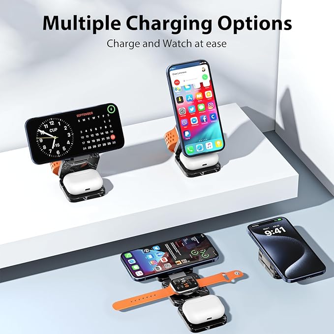 KU XIU X55 Nature Series Fast Magnetic Wireless Charger, Foldable 3 in 1 Charging Station for Apple, Mag-Safe Travel Charger Stand for iPhone 17 16 15 14 13 Series, Apple Watch & AirPods-Marble Black