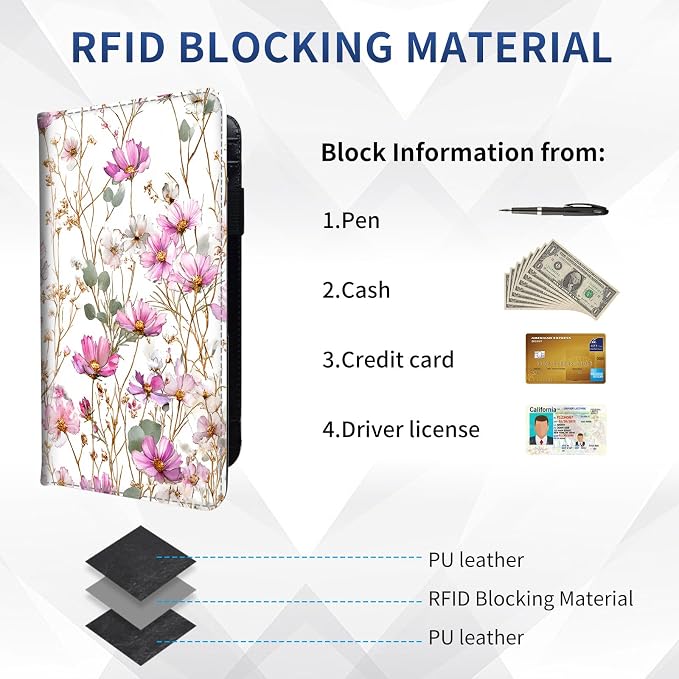 DEGDFSGR Checkbook Cover PU Leather Checkbook Covers for Women for Duplicate Checks, Check Book Covers with RFID Blocking Function for Personal Checkbook, Watercolor Cosmos Flower